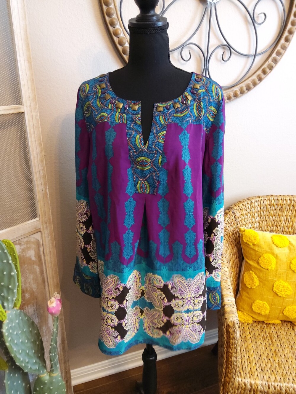 Figueroe & Flower Boho Purple & Teal Printed Tunic with Embellished Neckline